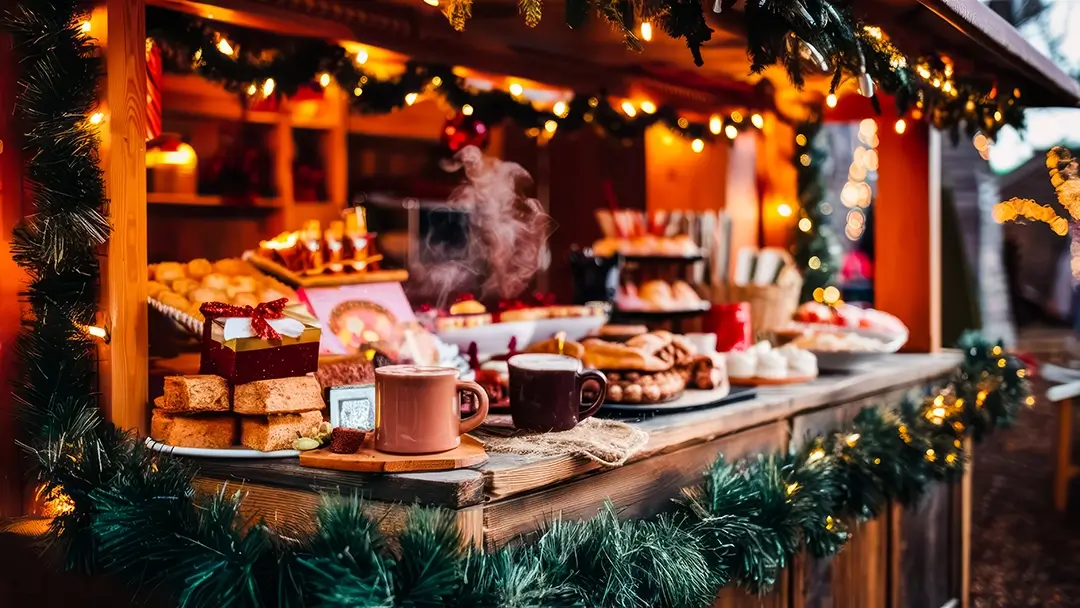 Christmas market with food stall