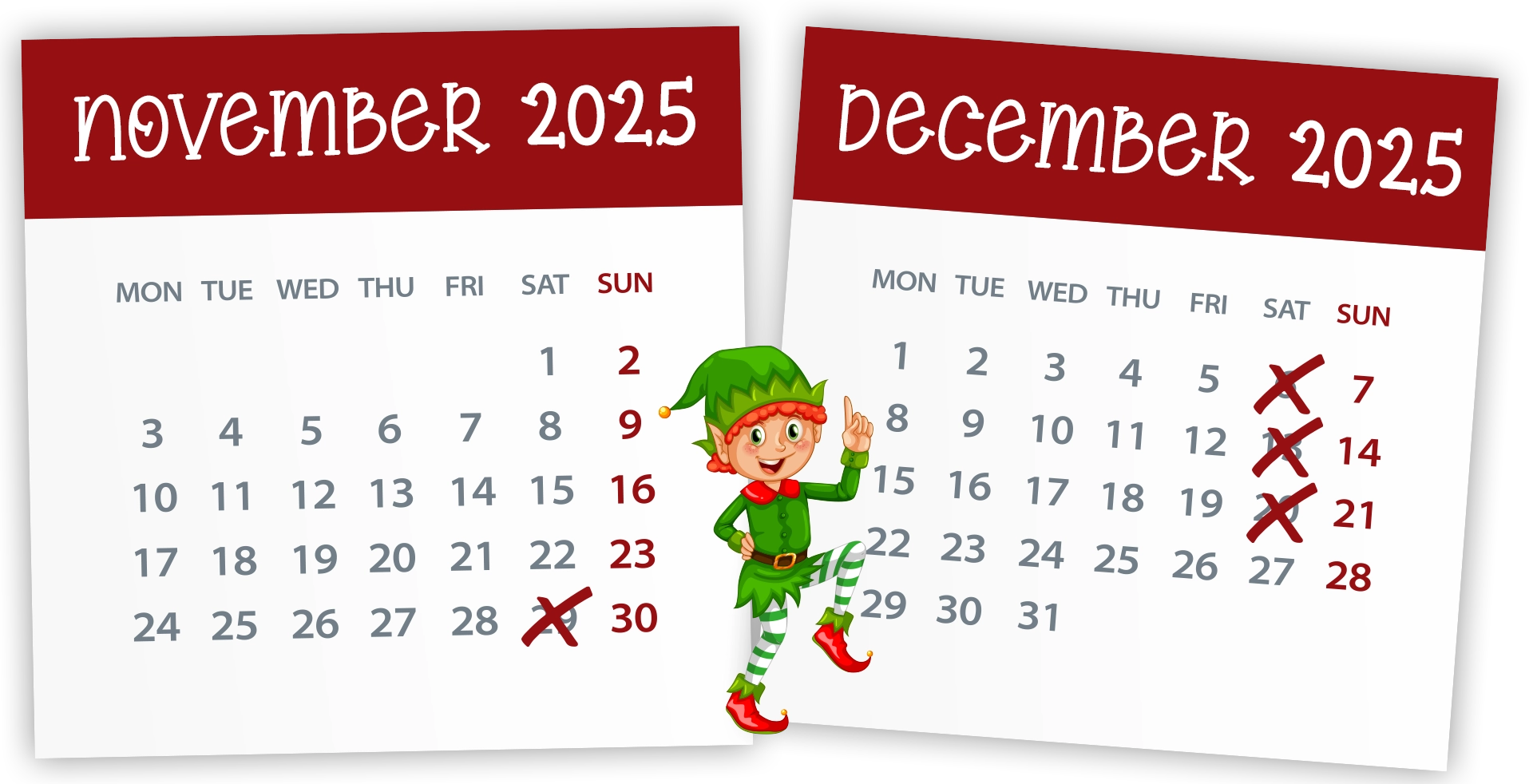 Christmas in Killarney Magical Parade dates marked on calendar with elf 2025 dates