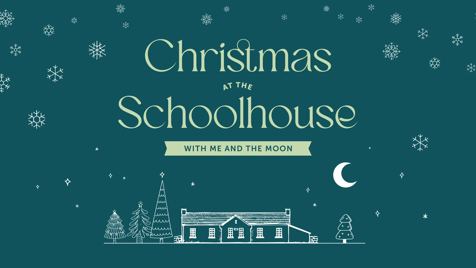 christmas-at-the-schoolhouse Christmas at the Schoolhouse with Me and the Moon, illustrated Muckross schoolhouse under snow and a crescent moon