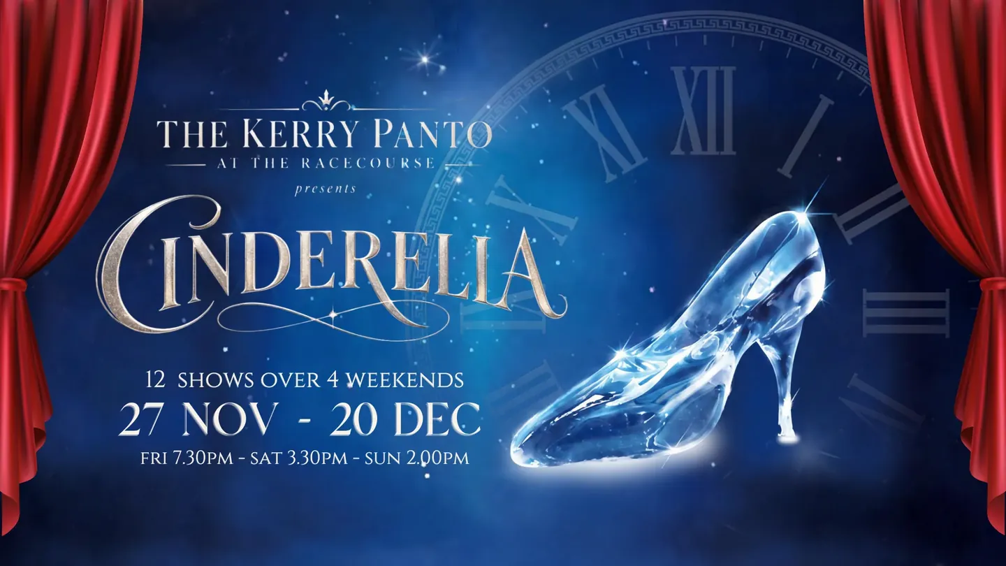 cinderella-the-kerry-panto-1440x810 Cinderella, The Kerry Panto at the Racecourse: a glass slipper on a moonlit stage between red curtains, 27 Nov to 20 Dec