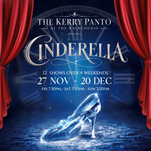 Cinderella, The Kerry Panto at the Racecourse: a glass slipper on a moonlit stage between red curtains, 27 Nov to 20 Dec
